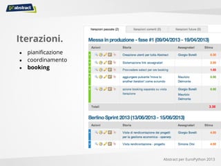 Iterazioni.
● pianificazione
● coordinamento
● booking
Abstract per EuroPython 2013
 