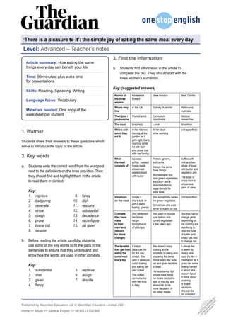 •
P
H
O
T
O
C
O
P
I
A
B
L
E
•
C
A
N
B
E
D
O
W
N
L
O
A
D
E
D
F
R
O
M
W
E
B
S
I
T
E
Published by Macmillan Education Ltd. © Macmillan Education Limited, 2021.
Home >> Adults >> General English >> NEWS LESSONS
Level: Advanced – Teacher’s notes
‘There is a pleasure to it’: the simple joy of eating the same meal every day
3. Find the information
a. Students find information in the article to
complete the box. They should start with the
three women’s surnames.
Key: (suggested answers)
1. Warmer
Students share their answers to these questions which
serve to introduce the topic of the article.
2. Key words
a. Students write the correct word from the wordpool
next to the definitions on the lines provided. Then
they should find and highlight them in the article
to read them in context.
Key:
1. reprieve
2. badgering
3. venerate
4. virtue
5. dough
6. prove
7. borne (of)
8. despite
9. fancy
10. dish
11. reasons
12. substantial
13. decadence
14. reconfigure
15. (a) given
b. Before reading the article carefully, students
use some of the key words to fill the gaps in the
sentences to ensure that they understand and
know how the words are used in other contexts.
Key:
1. substantial
2. dish
3. given
4. fancy
5. reprieve
6. dough
7. despite
Article summary: How eating the same
things every day can benefit your life
Time: 90 minutes, plus extra time
for presentations
Skills: Reading, Speaking, Writing
Language focus: Vocabulary
Materials needed: One copy of the
worksheet per student
Names of
the three
women
Anastasia
Pollard
Jane Newton Sara Carrillo
Where they
live
In the UK Sydney, Australia Melbourne,
Australia
Their jobs /
professions
Portrait artist Curriculum
coordinator
Medical
researcher
The meal Breakfast Lunch Breakfast
Where and
when they
eat it
In her kitchen,
looking at the
garden as it
gets light. Early
morning while
it’s still dark
and alone (not
with her family)
At her desk
while working
(not specified)
What
the meal
consists of
Lavazza
coffee, toasted
home-made
wholemeal
seeded bead
with butter
Protein, greens,
and carbs.
Always the same
three things:
Microwavable rice
bowl,green vegetables,
and tofu – and a
recent addition is
vegan kimchi for
extra taste
Coffee with
milk and two
slices of toast
with butter and
raspberry jam.
The toast is
made from a
wholemeal
pane di casa
Variations
on the meal
Honey if
she’s sick, or
jam if she’s
feeling ‘greedy’
She sometimes varies
the green vegetable.
Sometimes she puts
some avocado on top
(not specified)
Changes
they have
made
to their
meal and
reasons
for these
changes
She perfected
her bread
recipe
through a lot
of attempts
She used to include
tuna before she
turned vegetarian
a few years ago
She has had to
change jams
depending on
the country she
was living in.
Also the type
of butter and
bread has had
to change too
The benefits
they get from
eating the
same meal
every day
It helps
balances her
for the day
ahead. She
gets a pleasure
out of baking
and eating her
own bread.
The coffee
connects her
with her time
in Italy.
She doesn’t enjoy
cooking so the
simplicity of eating and
preparing the same
things every day suits
her and gives her time
to reset’.
Her substantial but
simple meal helps
her make decisions
later in the day and
allows her to be
more decadent in
her other meals.
It allows her
to wake up
slowly, she
says it’s like a
meditation as it
gives her extra
time to herself
in which she
doesn’t have
to think about
anything
or make
decisions.
She can be
on ‘autopilot’.
 