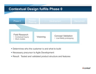 Contextual Design fulfils Phase 0


                      Release
   Phase 0                                   Development                      Deployment
                      Planning
                             g




   Field Research
   • Contextual Inquiry          Visioning       Concept Validation
   • Work models                                 • Low-fidelity prototyping




  Determines who the customer is and what to build
  Necessary precursor to Agile Development
  Result: Tested and validated product structure and features
 