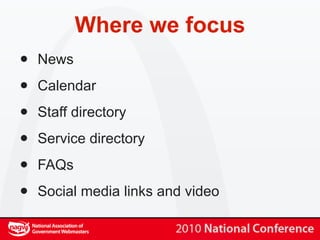 Where we focus
•   News

•   Calendar

•   Staff directory

•   Service directory

•   FAQs

•   Social media links and video
 
