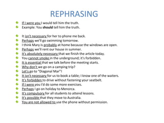 REPHRASING
If I were you I would tell him the truth.
Example: You should tell him the truth.
It isn't necessary for her to phone me back.
Perhaps we'll go swimming tomorrow.
I think Mary is probably at home because the windows are open.
Perhaps we'll rent our house in summer.
It's absolutely necessary that we finish the article today.
You cannot smoke in the underground; it's forbidden.
It is essential that we talk before the meeting starts.
Why don't we go on a camping trip?
Let's go to “Diagonal Mar”!
It isn't necessary for us to book a table; I know one of the waiters.
It's forbidden to drive without fastening your seatbelt.
If I were you I'd do some more exercises.
Perhaps I go on holiday to Menorca.
It's compulsory for all students to attend lessons.
It's possible that they move to Australia.
You are not allowed to use the phone without permission.
 