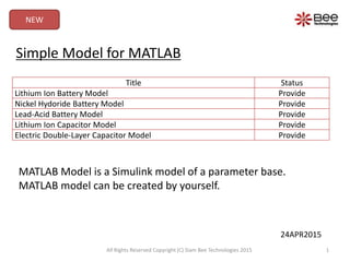 Title Status
Lithium Ion Battery Model Provide
Nickel Hydoride Battery Model Provide
Lead-Acid Battery Model Provide
Lithium Ion Capacitor Model Provide
Electric Double-Layer Capacitor Model Provide
MATLAB Model is a Simulink model of a parameter base.
MATLAB model can be created by yourself.
Simple Model for MATLAB
1All Rights Reserved Copyright (C) Siam Bee Technologies 2015
24APR2015
NEW
 