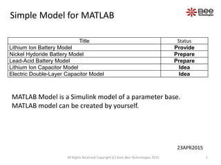 Title Status
Lithium Ion Battery Model Provide
Nickel Hydoride Battery Model Prepare
Lead-Acid Battery Model Prepare
Lithium Ion Capacitor Model Idea
Electric Double-Layer Capacitor Model Idea
MATLAB Model is a Simulink model of a parameter base.
MATLAB model can be created by yourself.
Simple Model for MATLAB
1All Rights Reserved Copyright (C) Siam Bee Technologies 2015
23APR2015
 