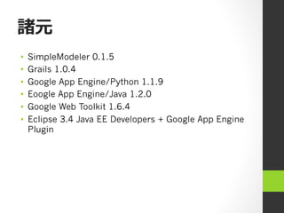 諸元
•    SimpleModeler 0.1.5
•    Grails 1.0.4
•    Google App Engine/Python 1.1.9
•    Eoogle App Engine/Java 1.2.0
•    Google Web Toolkit 1.6.4
•    Eclipse 3.4 Java EE Developers + Google App Engine
     Plugin
 
