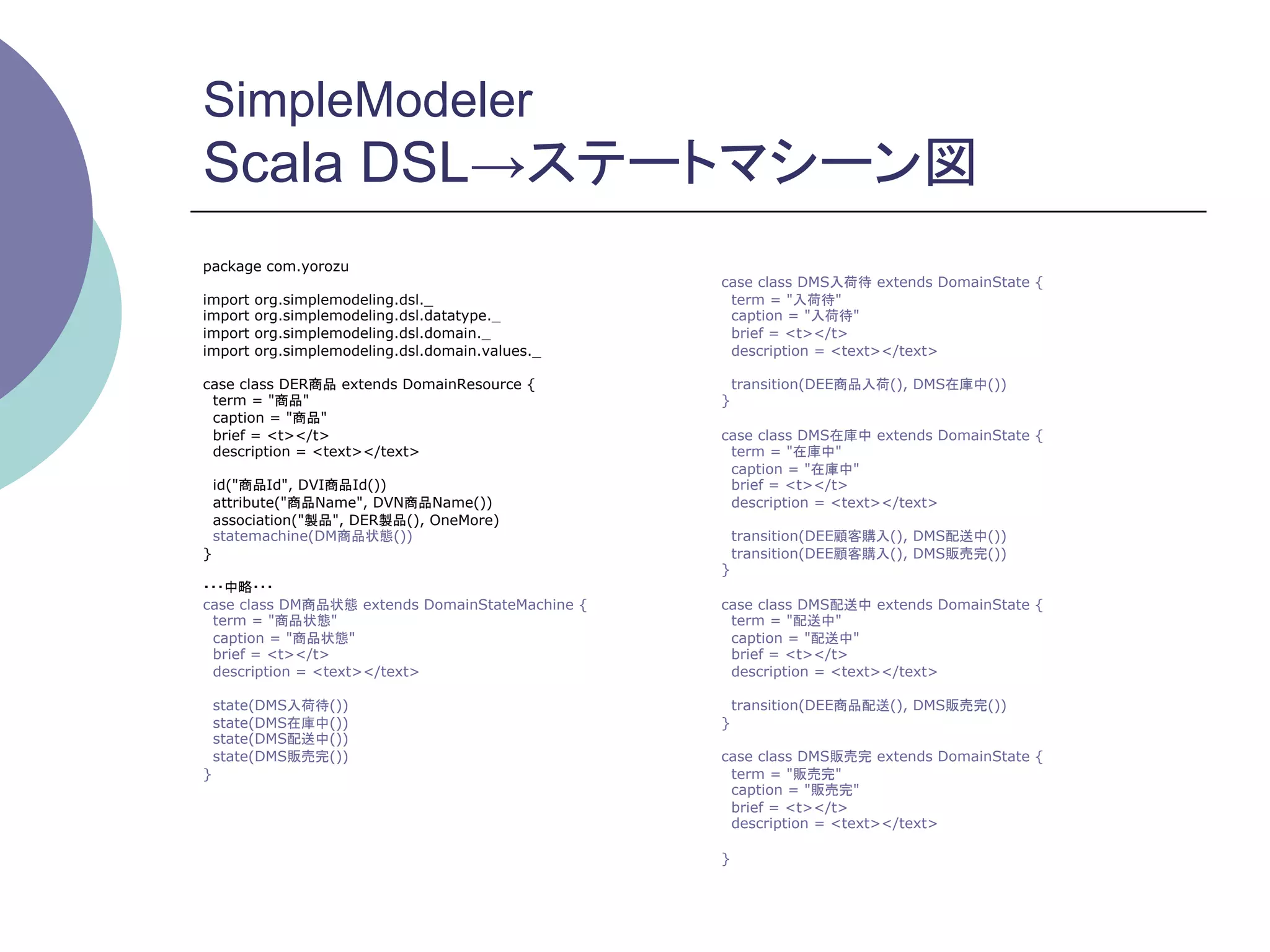 SimpleModeler
Scala DSL→ステートマシーン図	
package com.yorozu
                                                  case class DMS入荷待 extends DomainState {
import   org.simplemodeling.dsl._                  term = "入荷待"
import   org.simplemodeling.dsl.datatype._         caption = "入荷待"
import   org.simplemodeling.dsl.domain._           brief = <t></t>
import   org.simplemodeling.dsl.domain.values._    description = <text></text>

case class DER商品 extends DomainResource {              transition(DEE商品入荷(), DMS在庫中())
 term = "商品"                                      }
 caption = "商品"
 brief = <t></t>                                  case class DMS在庫中 extends DomainState {
 description = <text></text>                       term = "在庫中"
                                                   caption = "在庫中"
    id("商品Id", DVI商品Id())                          brief = <t></t>
    attribute("商品Name", DVN商品Name())               description = <text></text>
    association("製品", DER製品(), OneMore)
    statemachine(DM商品状態())                             transition(DEE顧客購入(), DMS配送中())
}                                                      transition(DEE顧客購入(), DMS販売完())
                                                  }
・・・中略・・・
case class DM商品状態 extends DomainStateMachine {    case class DMS配送中 extends DomainState {
 term = "商品状態"                                     term = "配送中"
 caption = "商品状態"                                  caption = "配送中"
 brief = <t></t>                                   brief = <t></t>
 description = <text></text>                       description = <text></text>

    state(DMS入荷待())                                    transition(DEE商品配送(), DMS販売完())
    state(DMS在庫中())                               }
    state(DMS配送中())
    state(DMS販売完())                               case class DMS販売完 extends DomainState {
}                                                  term = "販売完"
                                                   caption = "販売完"
                                                   brief = <t></t>
                                                   description = <text></text>

                                                  }
                                                  	
 