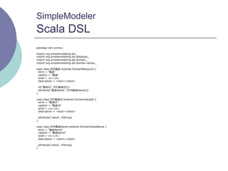 SimpleModeler
Scala DSL
package com.yorozu

import   org.simplemodeling.dsl._
import   org.simplemodeling.dsl.datatype._
import   org.simplemodeling.dsl.domain._
import   org.simplemodeling.dsl.domain.values._

case class DER製品 extends DomainResource {
 term = "製品"
 caption = "製品"
 brief = <t></t>
 description = <text></text>

    id("製品Id", DVI製品Id())
    attribute("製品Name", DVN製品Name())
}

case class DVI製品Id extends DomainValueId {
 term = "製品Id"
 caption = "製品Id"
 brief = <t></t>
 description = <text></text>

    attribute("value", XString)
}

case class DVN製品Name extends DomainValueName {
 term = "製品Name"
 caption = "製品Name"
 brief = <t></t>
 description = <text></text>

    attribute("value", XString)
}
 
