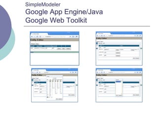 SimpleModeler
Google App Engine/Java
Google Web Toolkit
 
