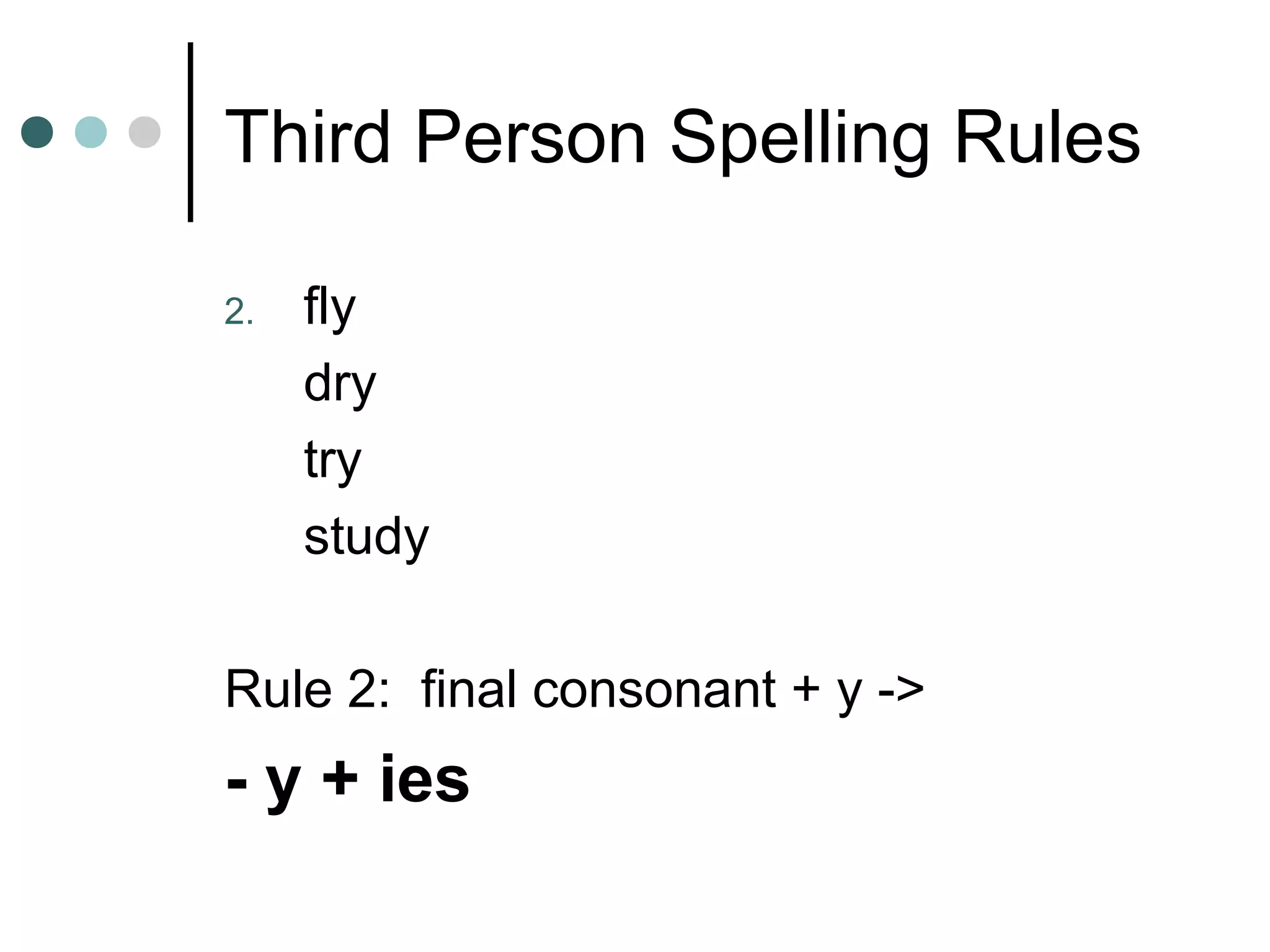 Third Person Spelling Rules
2. fly
dry
try
study
Rule 2: final consonant + y ->
- y + ies
 