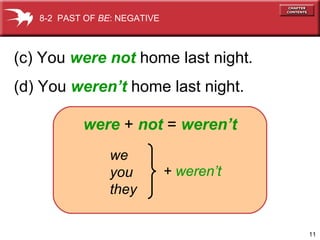 11
(c) You were not home last night.
(d) You weren’t home last night.
8-2 PAST OF BE: NEGATIVE
were + not = weren’t
+ weren’t
we
you
they
 