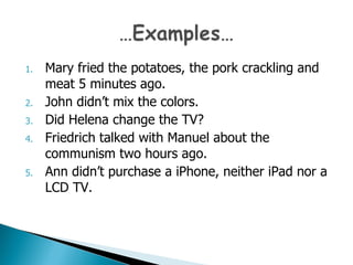 Mary fried the potatoes, the pork crackling and meat 5 minutes ago. John didn’t mix the colors. Did Helena change the TV? Friedrich talked with Manuel about the communism two hours ago. Ann didn’t purchase a iPhone, neither iPad nor a LCD TV.  
