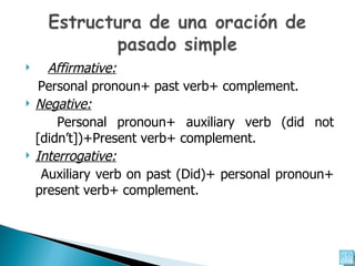 Affirmative: Personal pronoun+ past verb+ complement. Negative: Personal pronoun+ auxiliary verb (did not [didn’t])+Present verb+ complement. Interrogative: Auxiliary verb on past (Did)+ personal pronoun+ present verb+ complement. 