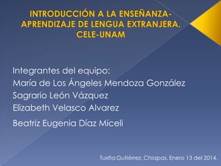 Integrantes del equipo:
María de Los Ángeles Mendoza González
Sagrario León Vázquez
Elizabeth Velasco Alvarez
Beatriz Eugenia Díaz Miceli

 