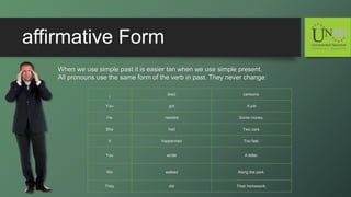affirmative Form
When we use simple past it is easier tan when we use simple present.
All pronouns use the same form of the verb in past. They never change:
I
liked cartoons.
You got A job
He needed Some money.
She had Two cars.
It happenned Too fast.
You wrote A letter.
We walked Along the park.
They did Their homework.
 