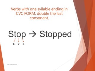 Verbs with one syllable ending in
CVC FORM, double the last
consonant.
Stop  Stopped
Luis Roberto Ortiz
C V C
 
