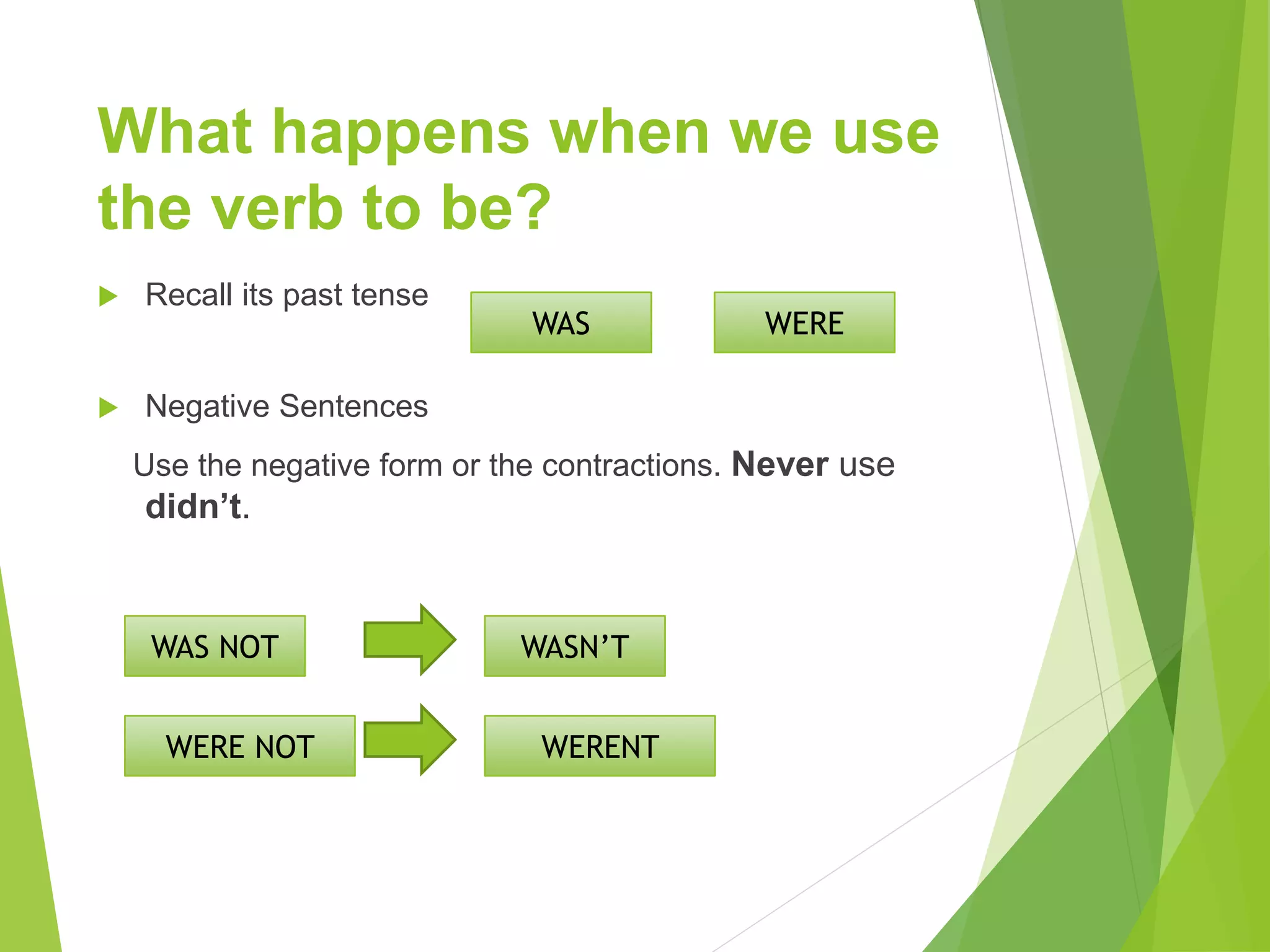 What happens when we use
the verb to be?
Recall its past tense
Negative Sentences
Use the negative form or the contractions. Never use
didn’t.
WAS WERE
WAS NOT
WERE NOT
WASN’T
WERENT