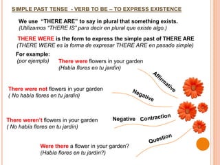 SIMPLE PAST TENSE - VERB TO BE – TO EXPRESS EXISTENCE
THERE WERE is the form to express the simple past of THERE ARE
(THERE WERE es la forma de expresar THERE ARE en pasado simple)
We use “THERE ARE” to say in plural that something exists.
(Utilizamos “THERE IS” para decir en plural que existe algo.)
For example:
(por ejemplo) There were flowers in your garden
(Había flores en tu jardín)
There weren’t flowers in your garden
( No había flores en tu jardín)
Were there a flower in your garden?
(Había flores en tu jardín?)
There were not flowers in your garden
( No había flores en tu jardín)
Negative
 