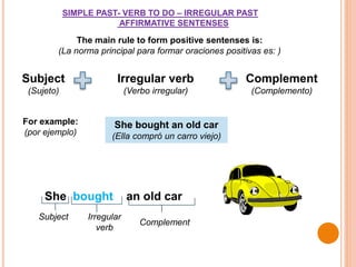 SIMPLE PAST- VERB TO DO – IRREGULAR PAST
AFFIRMATIVE SENTENSES
The main rule to form positive sentenses is:
(La norma principal para formar oraciones positivas es: )
Subject
(Sujeto)
Irregular verb
(Verbo irregular)
Complement
(Complemento)
For example:
(por ejemplo)
She bought an old car
Subject Irregular
verb
Complement
She bought an old car
(Ella compró un carro viejo)
 