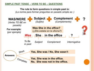 SIMPLE PAST TENSE - VERB TO BE – QUESTIONS
Subject
(Sujeto)
WAS/WERE
(Verbo TO BE en
pasado)
Complement
(Complemento)
The rule to form questions in simple past is:
(La norma para formar preguntas en pasado simple es: )
?
For example:
(por ejemplo)
Was She in the office ?
SubjectTo Be
in past
Complement
Was She in the office?
(¿Ella estaba en la oficina?)
Interrogative
Yes, She was / No, She wasn’t
Yes, She was in the office.
No, She was not in the office.
Answers
 