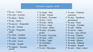 To cry – Llorar
To cook – Cocinar
To dance – Bailar
To die – Morir
To answer – Responder
To call – Llamar
To ask – Preguntar,
pedir
To clean – Limpiar
To enjoy – Disfrutar
To wash – Lavar
To help – Ayudar
To happen – Suceder,
ocurrir
Common regular verbs:
 To laugh – Reír
 To like – Gustar
 To listen – Escuchar
 To live – Vivir
 To look – Mirar
 To love - Amar
 To watch – Mirar
 To miss – Extrañar,
perder
 To need – Necesitar
 To open – Abrir
 To play - Jugar
 To remember –
Recordar
 To rest - Descansar
 To start – Empezar,
comenzar
 To stay – Quedarse,
permanecer
 To stop – Parar
 To study – Estudiar
 To talk – Hablar
 To travel – viajar
 To use – usar, utilizar
 To wait – Esperar
 To walk – Caminar
 To want – Querer
 To work – Trabajar
 To repeat – Repetir
 To turn – Girar, voltear
 