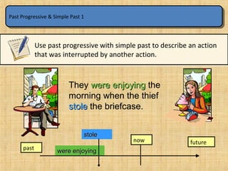 Past Progressive & Simple Past 1Past Progressive & Simple Past 1
Use past progressive with simple past to describe an action
that was interrupted by another action.
now
stolestole
They were enjoyingwere enjoying the
morning when the thief
stole the briefcase.
past
future
They were enjoyingwere enjoying the
morning when the thief
stolestole the briefcase.
were enjoyingwere enjoying
 