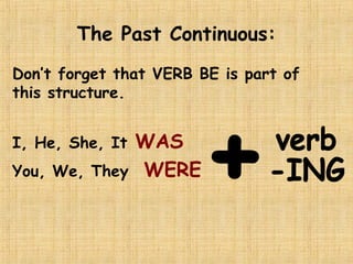 The Past Continuous:
Don’t forget that VERB BE is part of
this structure.
I, He, She, It WAS
You, We, They WERE
 