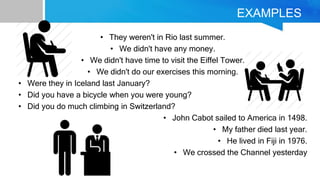 EXAMPLES
• They weren't in Rio last summer.
• We didn't have any money.
• We didn't have time to visit the Eiffel Tower.
• We didn't do our exercises this morning.
• Were they in Iceland last January?
• Did you have a bicycle when you were young?
• Did you do much climbing in Switzerland?
• John Cabot sailed to America in 1498.
• My father died last year.
• He lived in Fiji in 1976.
• We crossed the Channel yesterday
 
