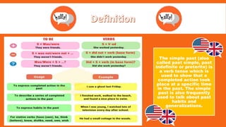 The simple past (also
called past simple, past
indefinite or preterite) is
a verb tense which is
used to show that a
completed action took
place at a specific time
in the past. The simple
past is also frequently
used to talk about past
habits and
generalizations.
 