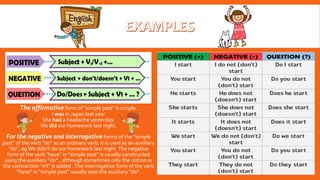 The affirmative form of "simple past" is simple.
I was in Japan last year
She had a headache yesterday.
We did our homework last night.
For the negative and interrogative forms of the "simple
past" of the verb "do" as an ordinary verb, it is used as an auxiliary
"do", egWe didn't do our homework last night.The negative
form of the verb "have" in "simple past" is usually constructed
using the auxiliary "do" , although sometimes only the notion or
the contraction "n't" is added .The interrogative form of the verb
"have" in "simple past" usually uses the auxiliary "do".
 