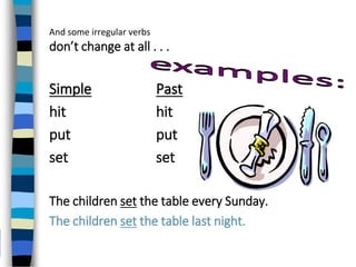 And some irregular verbs
don’t change at all . . .
Simple Past
hit hit
put put
set set
The children set the table every Sunday.
The children set the table last night.
 