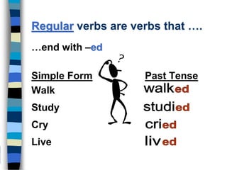 Regular verbs are verbs that ….
Simple Form Past Tense
Walk
Study
Cry
Live
…end with –ed
 