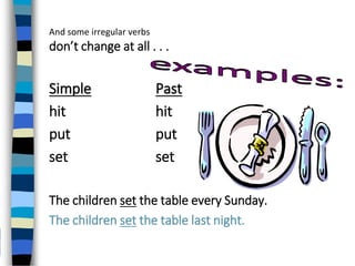 And some irregular verbs
don’t change at all . . .
Simple Past
hit hit
put put
set set
The children set the table every Su...