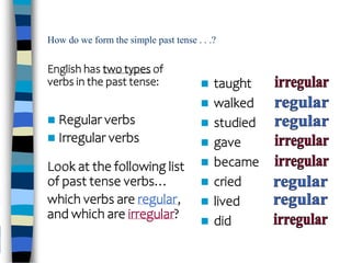 How do we form the simple past tense . . .?
English has two types of
verbs in the past tense:  taught
 walked
 studied
 gave
 became
 cried
 lived
 did
Look at the following list
of past tense verbs…
which verbs are regular,
and which are irregular?
 Regular verbs
 Irregular verbs
 