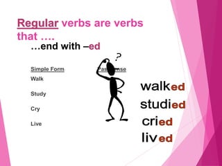 Regular verbs are verbs
that ….
Simple Form Past Tense
Walk
Study
Cry
Live
…end with –ed
 