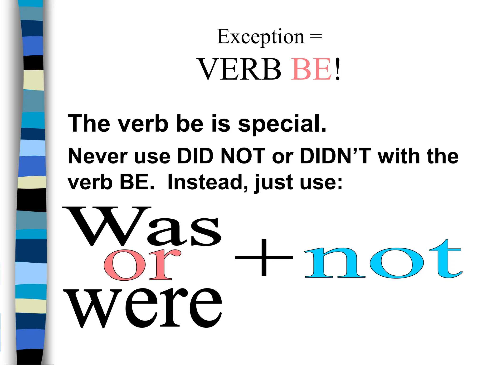 Exception =
VERB BE!
The verb be is special.
Never use DID NOT or DIDN’T with the
verb BE. Instead, just use:
 