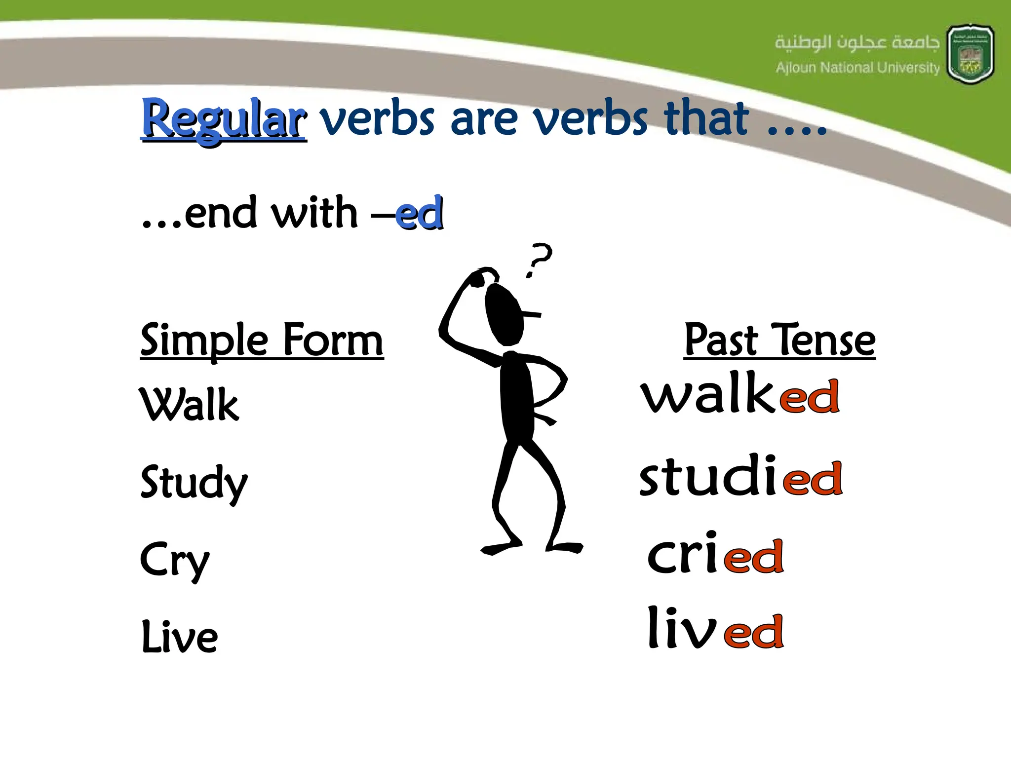 Regular
Regular verbs are verbs that ….
Simple Form Past Tense
Walk
Study
Cry
Live
…end with –ed
ed
 