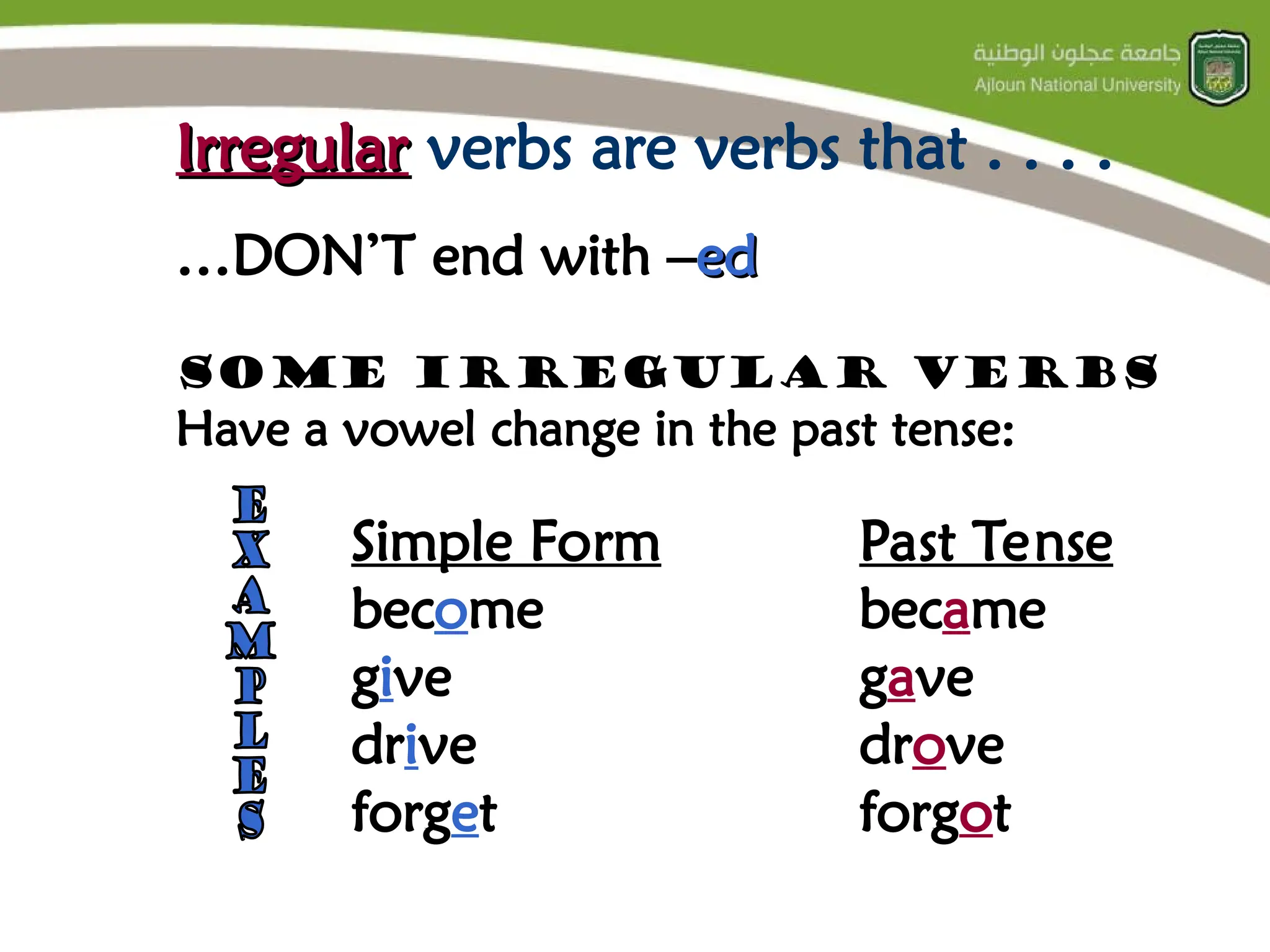 Irregular
Irregular verbs are verbs that . . . .
…DON’T end with –ed
ed
some irregular verbs
Have a vowel change in the past tense:
Simple Form Past Tense
become became
give gave
drive drove
forget forgot
 