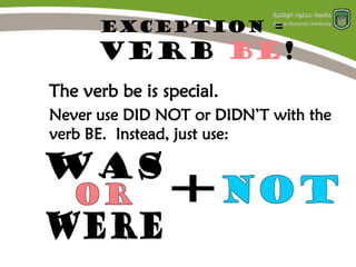 Exception =
VERB BE!
The verb be is special.
Never use DID NOT or DIDN’T with the
verb BE. Instead, just use:
 