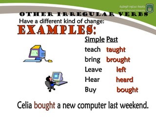 other irregular verbs
Have a different kind of change:
Simple
Simple Past
Past
teach taught
taught
bring brought
brought
Leave left
left
Hear heard
heard
Buy bought
bought
 