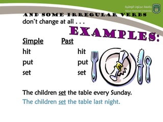 And some irregular verbs
don’t change at all . . .
Simple
Simple Past
Past
hit hit
put put
set set
The children set the table every Sunday.
The children set the table last night.
 