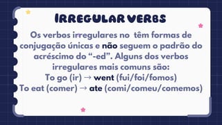 Irregularverbs
Os verbos irregulares no têm formas de
conjugação únicas e não seguem o padrão do
acréscimo do “-ed”. Alguns dos verbos
irregulares mais comuns são:
To go (ir) → went (fui/foi/fomos)
To eat (comer) → ate (comi/comeu/comemos)
 