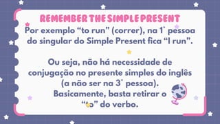 Por exemplo “to run” (correr), na 1° pessoa
do singular do Simple Present fica “I run”.
Ou seja, não há necessidade de
conjugação no presente simples do inglês
(a não ser na 3° pessoa).
Basicamente, basta retirar o
“to” do verbo.
REMEMBERTHESIMPLEPRESENT
 