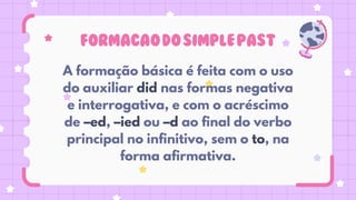 A formação básica é feita com o uso
do auxiliar did nas formas negativa
e interrogativa, e com o acréscimo
de –ed, –ied ou –d ao final do verbo
principal no infinitivo, sem o to, na
forma afirmativa.
FORMACAODOSIMPLEPAST
 