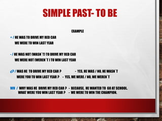 SIMPLE PAST- TO BE
EXAMPLE
+ / HE WAS TO DRIVE MY RED CAR
WE WERE TO WIN LAST YEAR
- / HE WAS NOT (WASN`T) TO DRIVE MY RED CAR
WE WERE NOT (WEREN´T ) TO WIN LAST YEAR
¿? / WAS HE TO DRIVE MY RED CAR ? - YES, HE WAS / NO, HE WASN´T
WERE YOU TO WIN LAST YEAR ? - YES, WE WERE / NO, WE WEREN´T
WH / WHY WAS HE DRIVE MY RED CAR ? - BECAUSE, HE WANTED TO GO AT SCHOOL.
WHAT WERE YOU WIN LAST YEAR ? - WE WERE TO WIN THE CHAMPION.
 