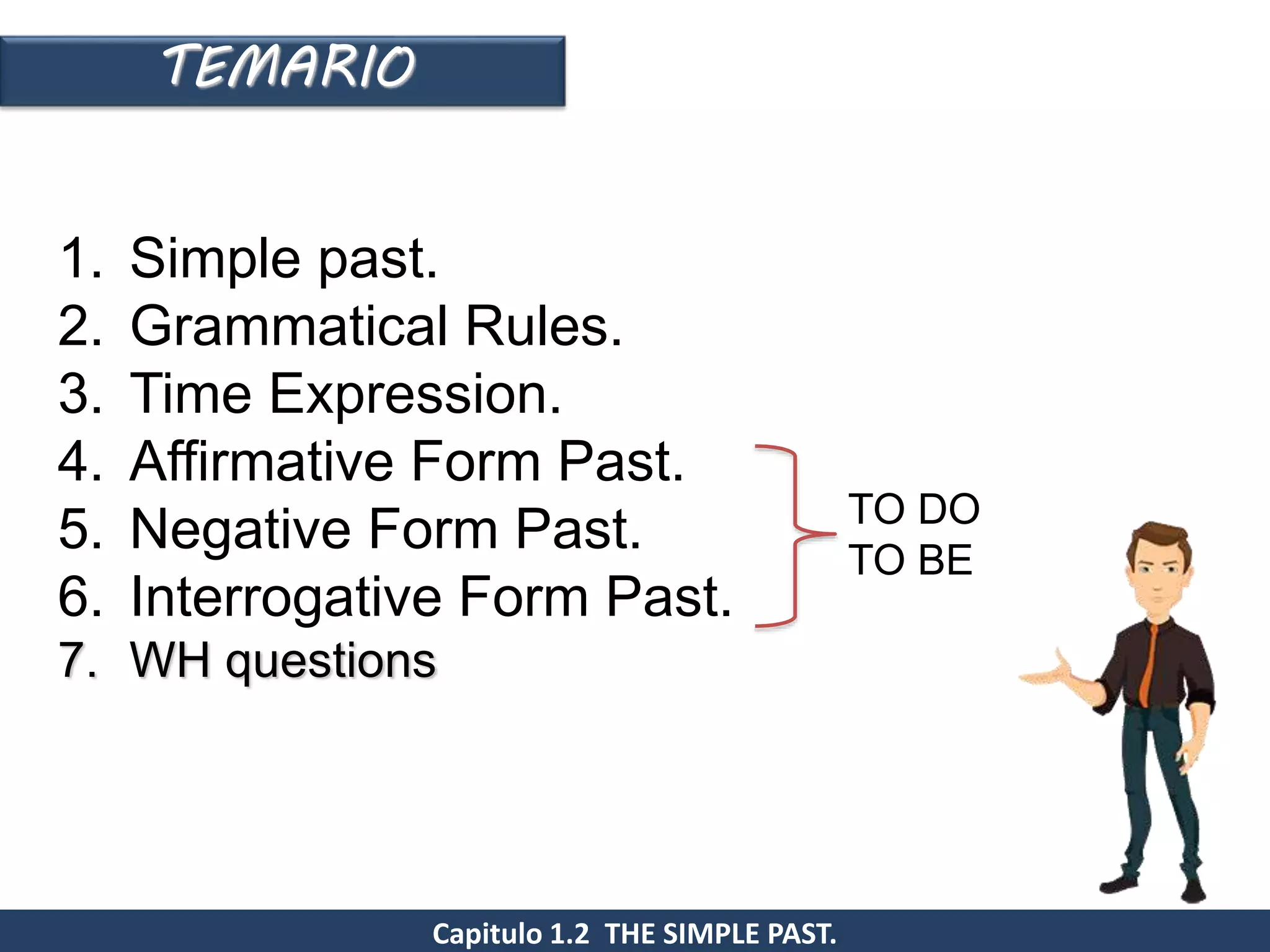 TEMARIO
Capitulo 1.2 THE SIMPLE PAST.
1. Simple past.
2. Grammatical Rules.
3. Time Expression.
4. Affirmative Form Past.
5. Negative Form Past.
6. Interrogative Form Past.
7. WH questions
TO DO
TO BE
 