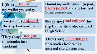 I (find) ___________
my wallet yesterday.
She (enjoy) ________
the trip last summer.
They (buy) _________
notebooks last
weekend.
I found my wallet after I (report)
___________ it to the lost and
found committee.
She (enjoy) __________the
trip by the time she entered
High School.
They (buy) ___________
notebooks before she
entered the classroom.
found
had reported
enjoyed had enjoyed
bought
had bought
 
