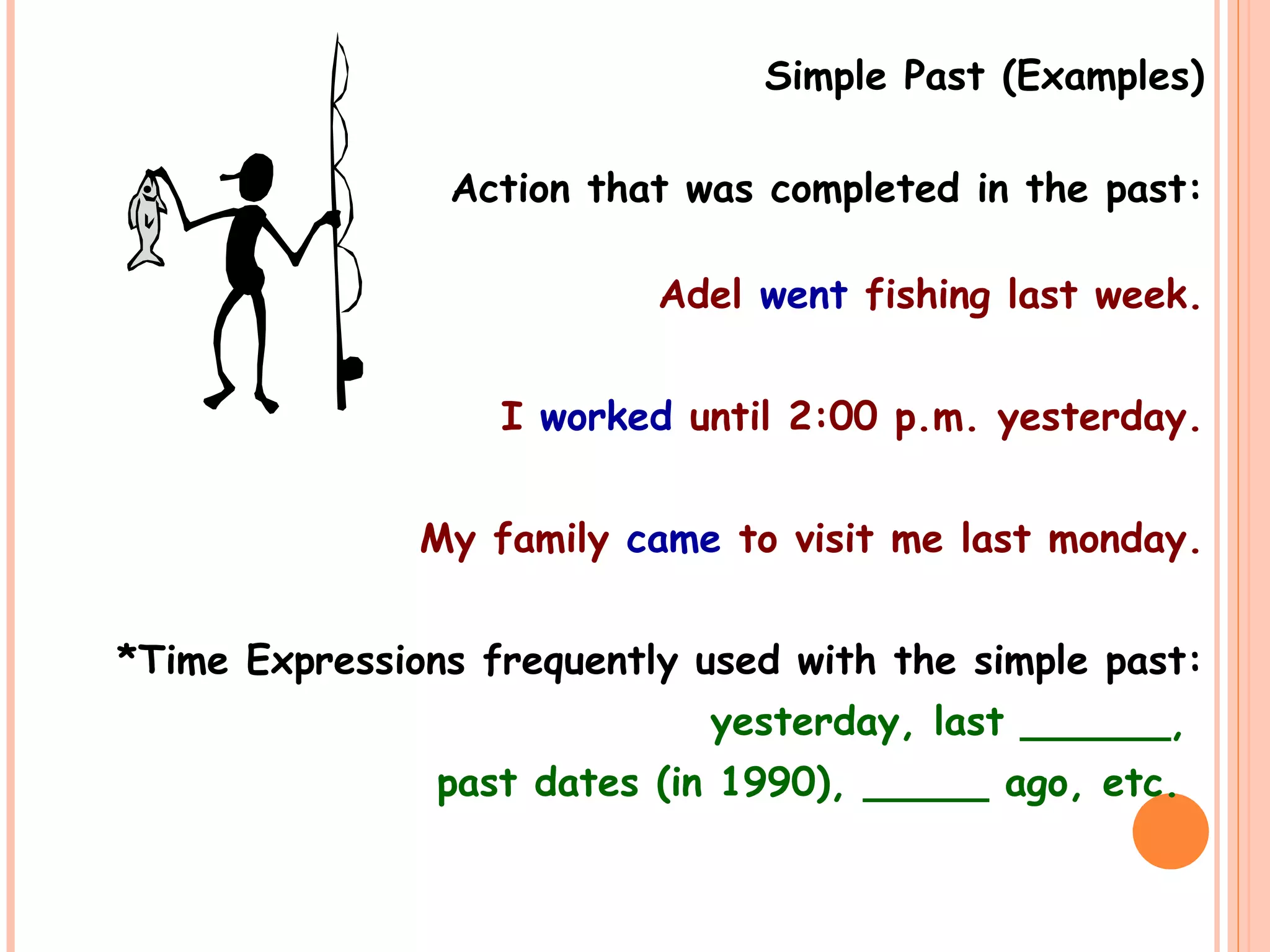 Simple Past (Examples)
Action that was completed in the past:
Adel went fishing last week.
I worked until 2:00 p.m. yesterday.
My family came to visit me last monday.
*Time Expressions frequently used with the simple past:
yesterday, last ______,
past dates (in 1990), _____ ago, etc.
 