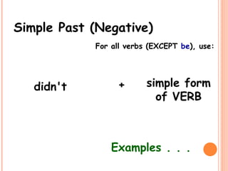 Simple Past (Negative)
For all verbs (EXCEPT be), use:
didn't simple form
of VERB
+
Examples . . .
 