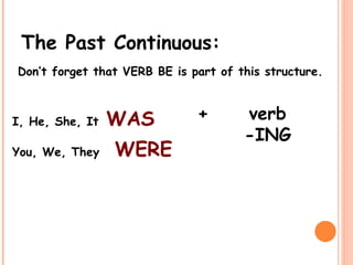 The Past Continuous:
Don’t forget that VERB BE is part of this structure.
I, He, She, It WAS
You, We, They WERE
verb
-ING
+
 