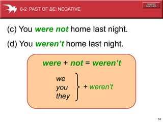 8-2 PAST OF BE: NEGATIVE



(c) You were not home last night.
(d) You weren’t home last night.

           were + not = weren’t
                 we
                 you          + weren’t
                 they

                                          14
 
