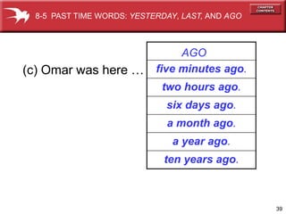 8-5 PAST TIME WORDS: YESTERDAY, LAST, AND AGO



                                AGO
(c) Omar was here …        five minutes ago.
                            two hours ago.
                             six days ago.
                             a month ago.
                              a year ago.
                             ten years ago.



                                                 39
 